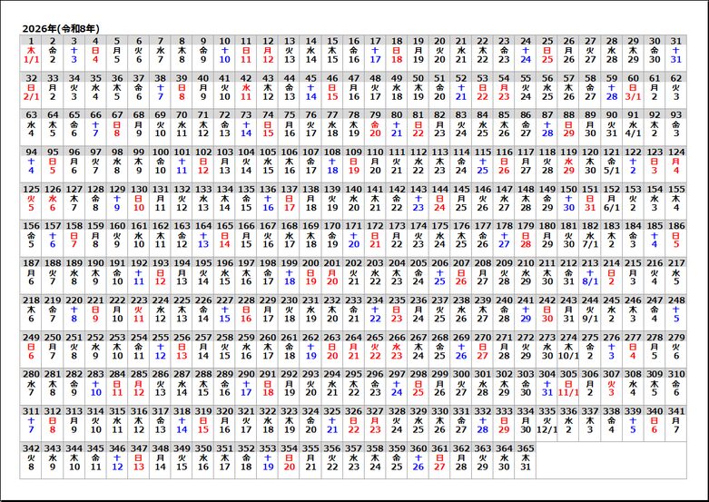 【2026年版】365日カレンダー：1～365の番号・曜日・日付
