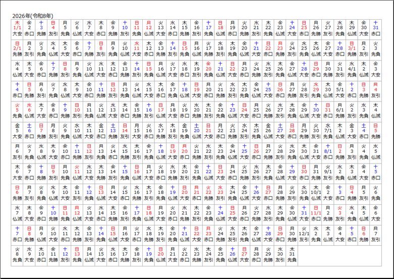 【2026年版】365日カレンダー：日付・曜日・六曜