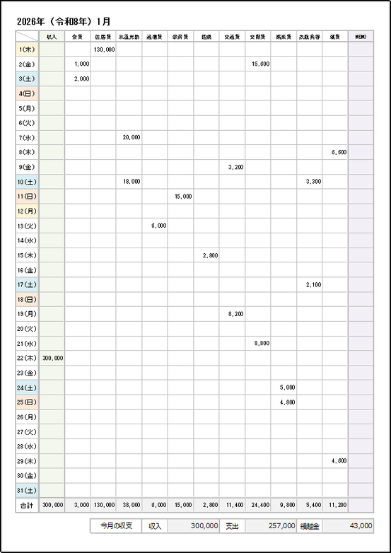 2026年 家計簿カレンダー｜テンプレート1：A4縦型（支出11項目）