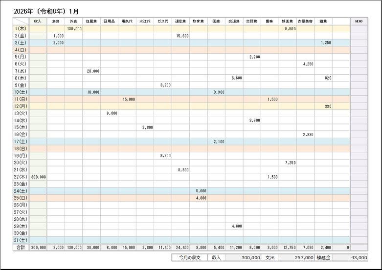 2026年 家計簿カレンダー｜テンプレート2：A4横型（支出17項目）