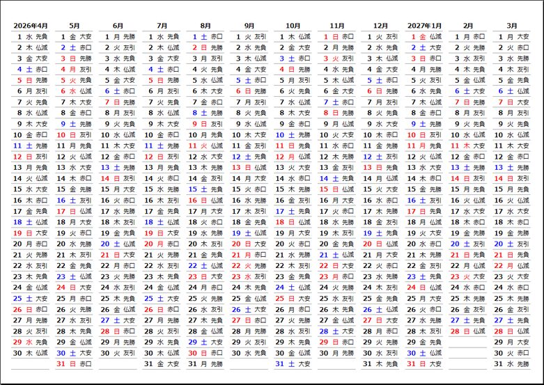 2026年 4月始まり 縦型年間カレンダー（Excel・無料）｜六曜あり