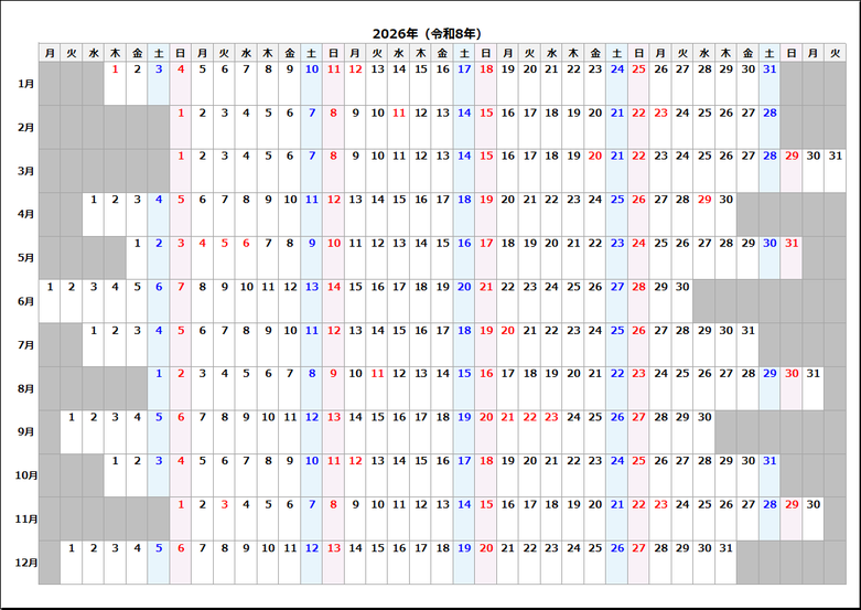 2026年 月曜始まり年間計画表