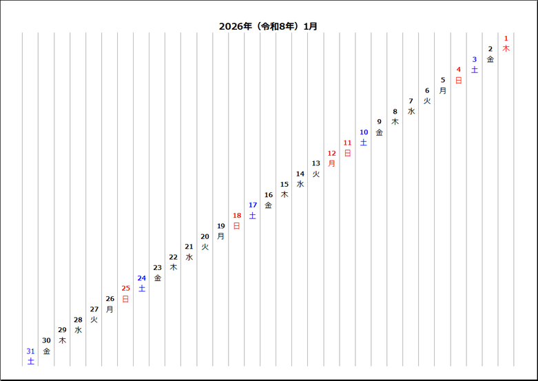 2026年1月 左上始まり右斜めカレンダー