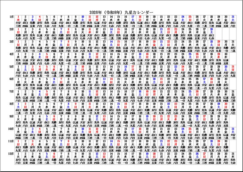 2026年1月始まり 九星・六曜入り年間カレンダー｜Excel無料テンプレート