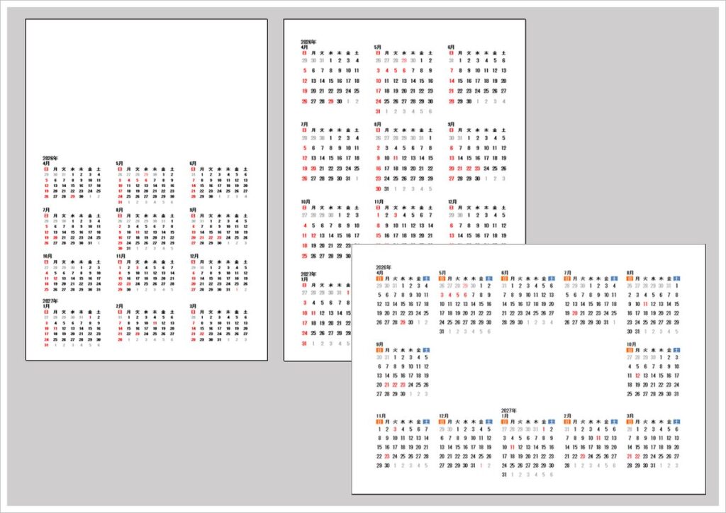 【2026年4月始まり年間カレンダー無料】A4印刷・Excel編集対応（2026年4月〜2027年3月）