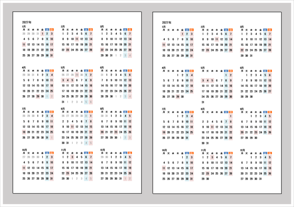 2027年月曜始まり年間カレンダーのアイキャッチ画像。A4縦型で2027年1月から12月までを一覧表示したExcel年間カレンダーテンプレート紹介画像。