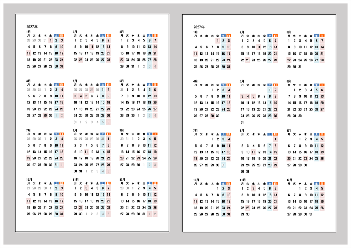 2027年月曜始まり年間カレンダーのアイキャッチ画像。A4縦型で2027年1月から12月までを一覧表示したExcel年間カレンダーテンプレート紹介画像。