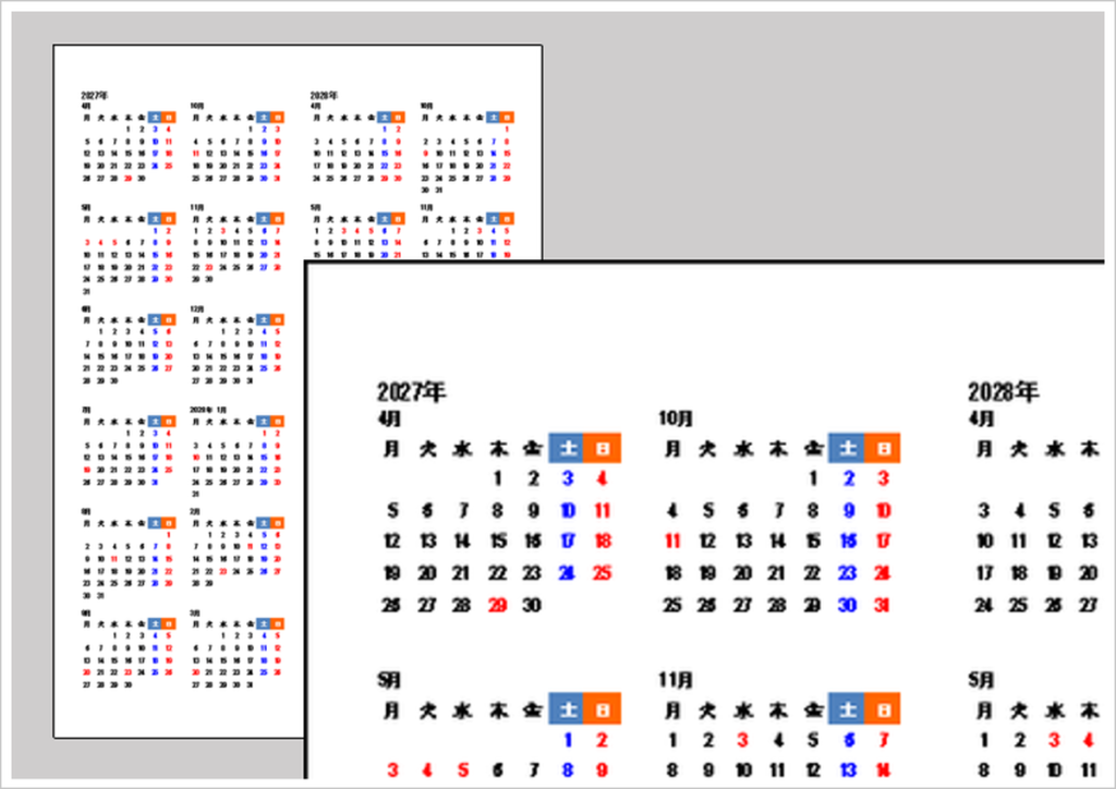 2027年4月～2028年3月（4月始まり・月曜始まり）の2年間カレンダー無料Excelテンプレートのアイキャッチ画像