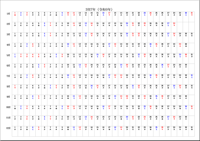 2027年1月から12月までを一覧表示したA4横型の年間カレンダー。日付を横方向に配置し、土日祝を色分けしたExcelテンプレート画像