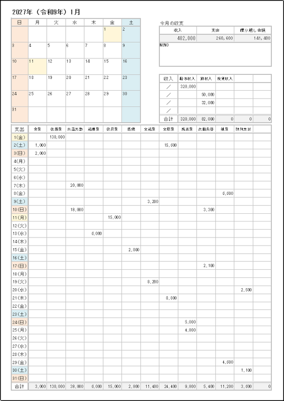 2027年1月のカレンダー型家計簿Excelテンプレート。月間カレンダー、日別支出表、収入表、月間収支の記入例を掲載